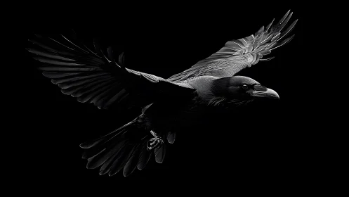 Majestic raven in flight, dramatic black background photography.