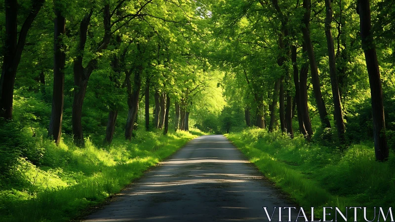 Emerald Cathedral of Light. Sunlit Tree-Lined Path.