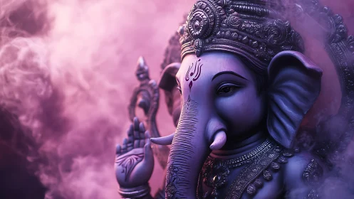 Radiant Ganesha deity glows amid purple incense haze.