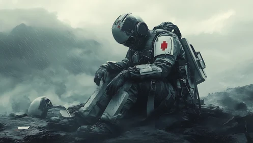 Futuristic combat medic in rain-soaked exoplanet battlefield scene.