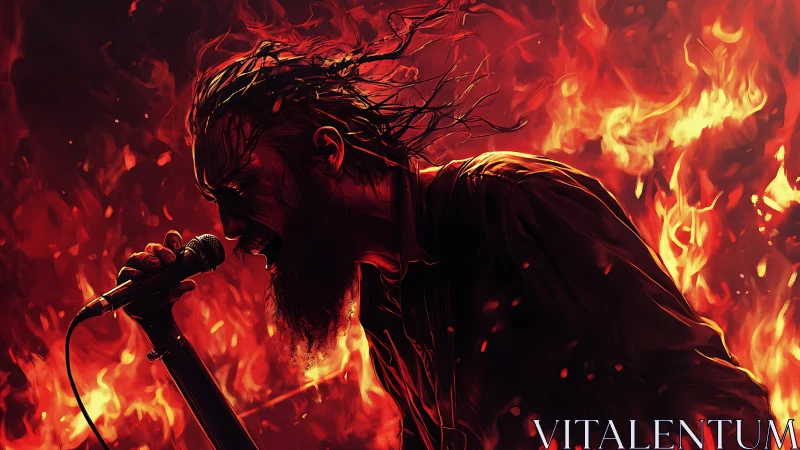Metal vocalist screaming amid inferno of swirling flames.