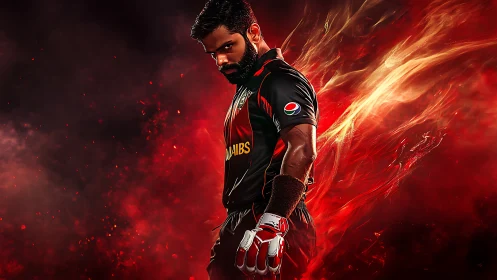 Cricket player stands in fiery red stadium haze