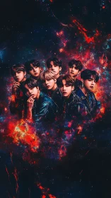 Stellar boy band portrait in vibrant cosmic nebula glow.