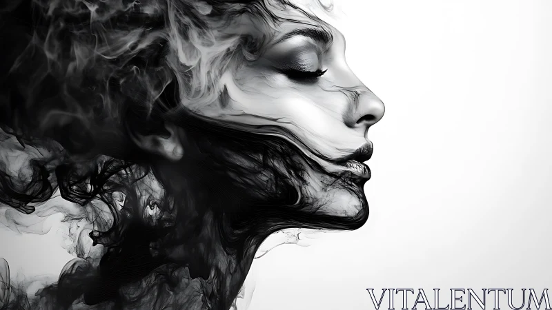 Monochrome female profile dissolves into fluid smoke topology