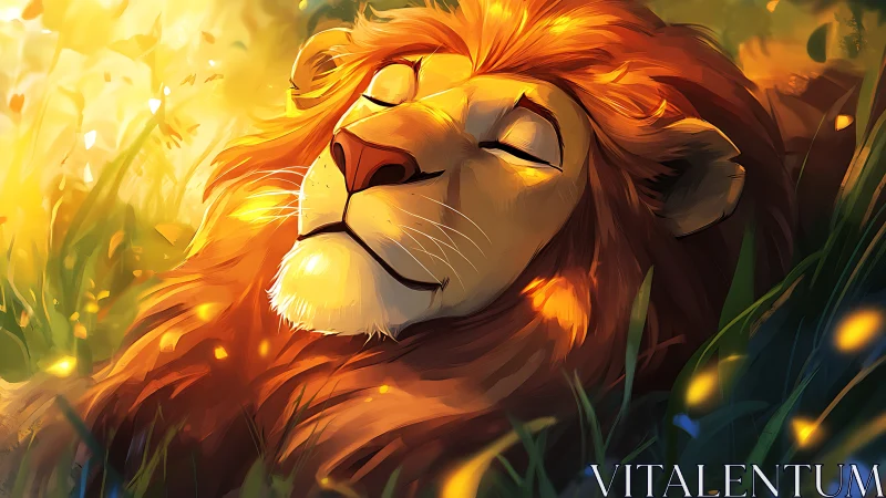 Lion resting in sunlit grass with warm orange highlights.