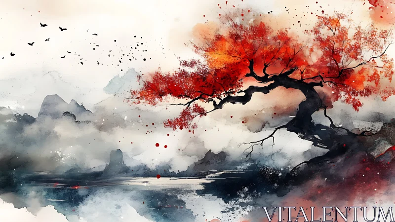 Crimson maple bonsai over misted lake in sumi-e watercolor