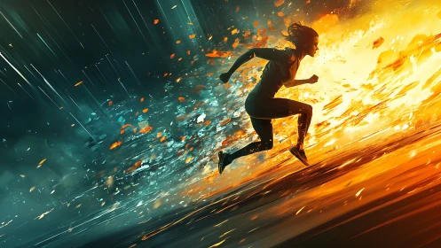 Momentum bursts forward as a determined runner drives through fire
