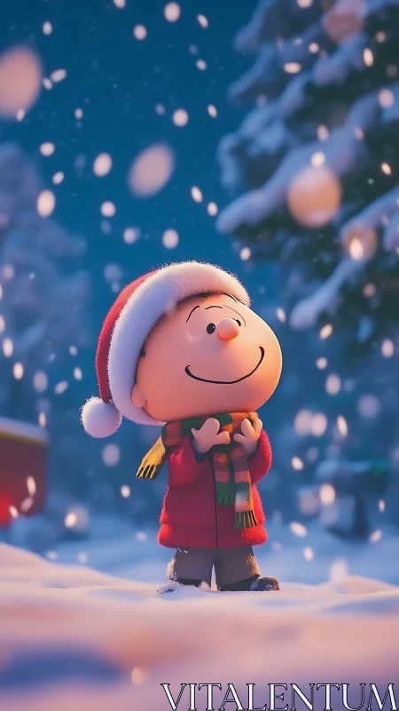 Joyful child in Santa hat savoring gentle winter snowfall.