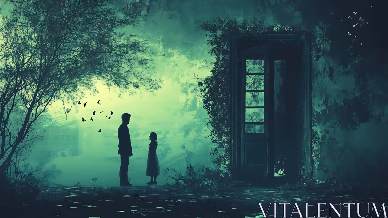 Silhouetted figures face a glowing doorway in misty twilight