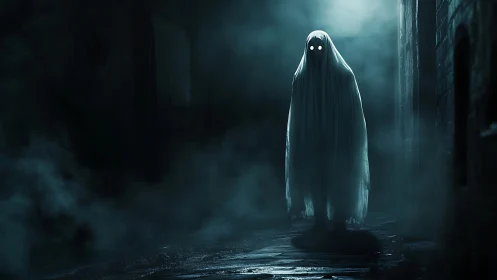 Ghostly figure with glowing eyes in dark misty alleyway.