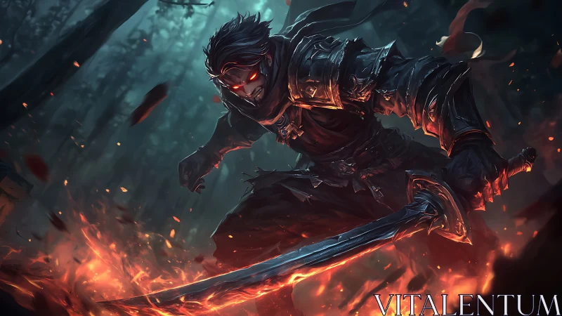 Bladeborn shadow knight strides through emberlit forest.