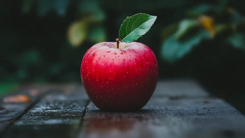 Red apple with leaf on wet wooden surface in focus.
