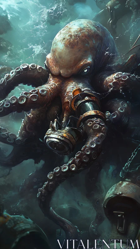 Submerged cephalopod with mechanical apparatus and debris.