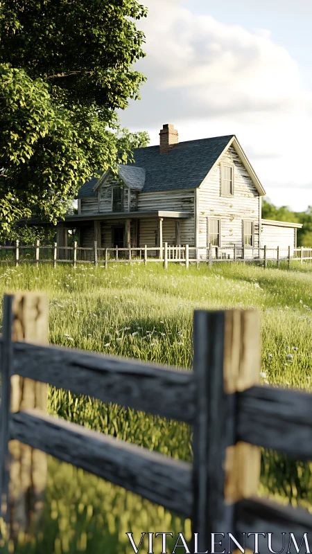 Sunlit farmhouse daydream behind weathered pasture rails.