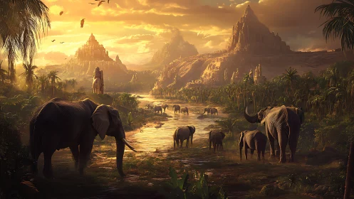 Elephant herd in river valley below stepped stone temples.