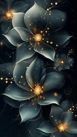 Abstract dark floral forms with luminous golden highlights.