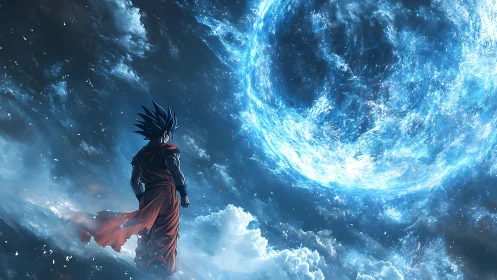Spiky haired fighter watches massive blue cosmic energy sphere