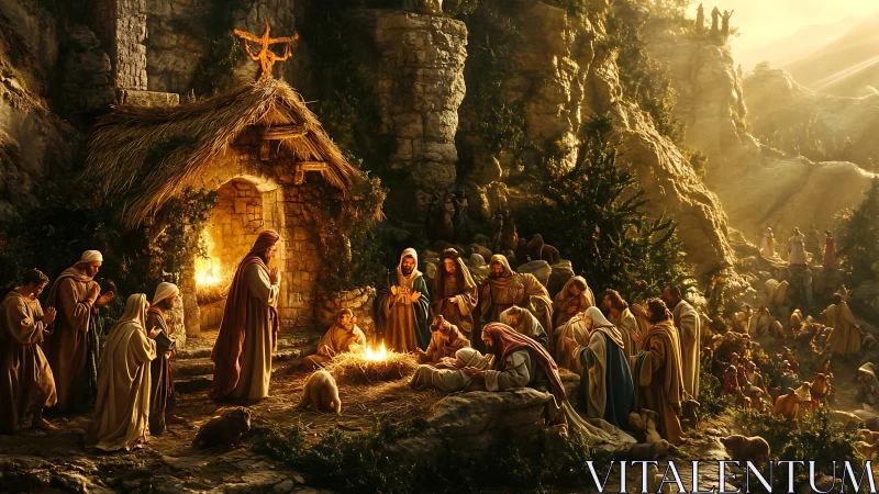 Nativity scene in golden canyon light with gathered worshipers.