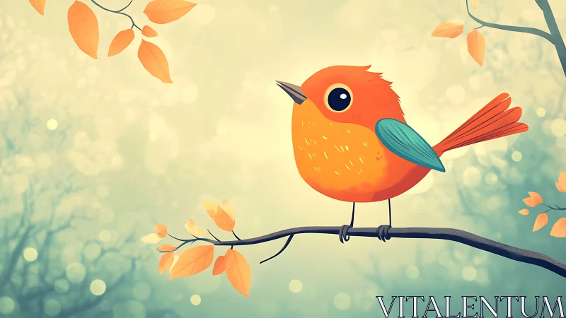 Cute Cartoon Orange Bird on Branch with Autumn Leaves, Soft Pastel Style.
