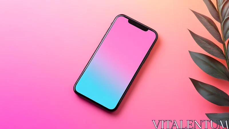 Vibrant gradient smartphone rests against rose backdrop with botanical flair