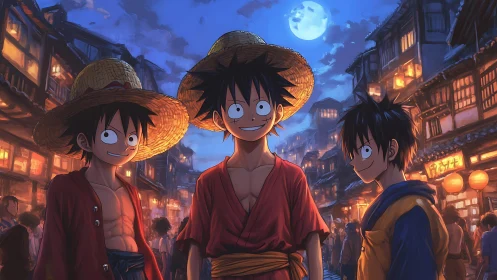 Moonlit festival street with three grinning straw-hat friends.