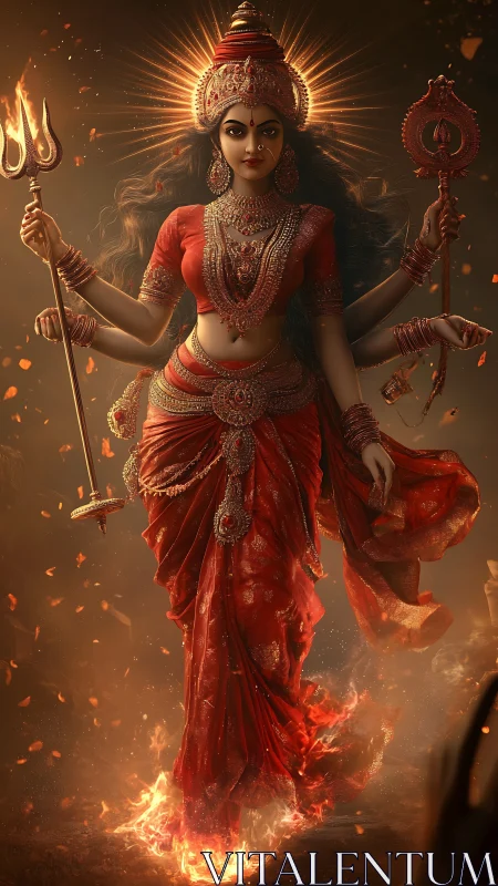 Radiant goddess of fire stepping through swirling embers.