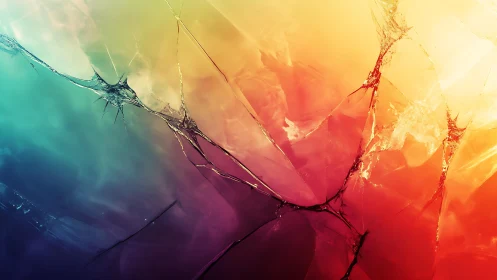 Abstract cracked glass with vibrant gradient colors digital art.