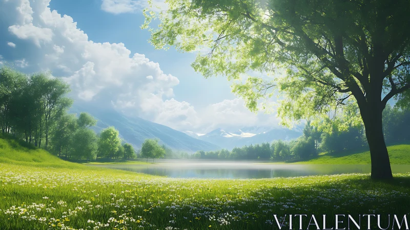 Sunlit lake meadow under distant snowy mountain peaks.