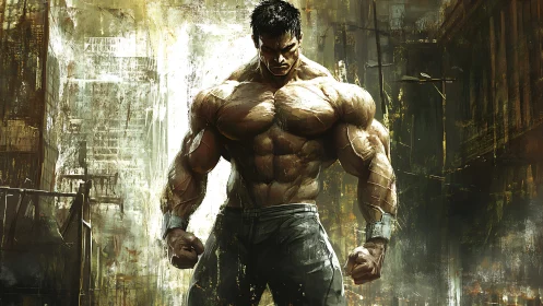 Digital painting of muscular urban warrior in decayed cityscape.