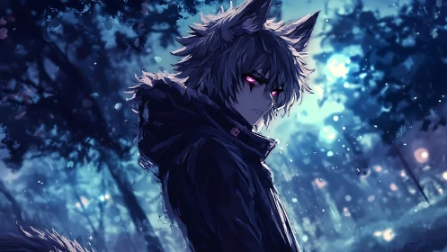 Wolf-eared anime antihero stands in glowing midnight rain.