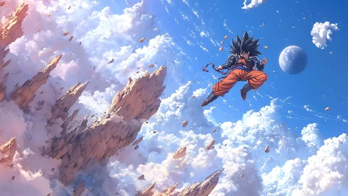 Skyward warrior soaring above shattered cloud peaks.