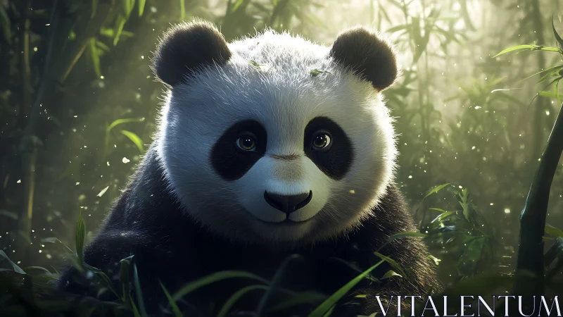 Gentle panda cub rests in dappled bamboo forest light