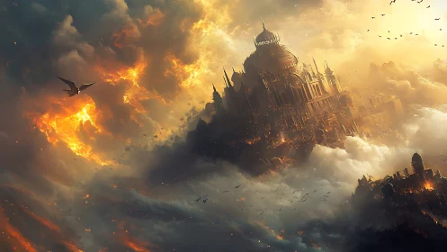 Floating fortified palace above clouds amid firelit sky.
