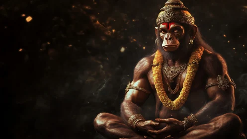 Powerful monkey deity in ornate jewelry and meditation pose.