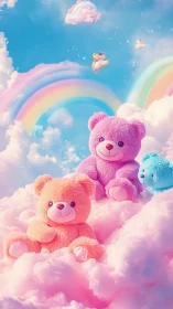 Pastel teddy bears rest on cotton clouds under bright rainbows