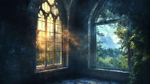 Gothic stone interior with dual windows framing luminous forest