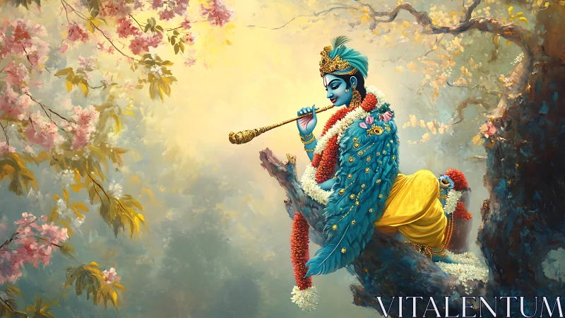 Divine blue deity plays flute amid golden blossom light