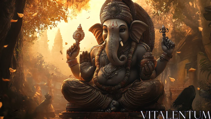 Digital rendering shows seated Ganesha statue in forest shrine