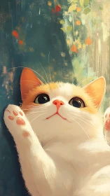 White Cat with Orange Markings Against Floral Background