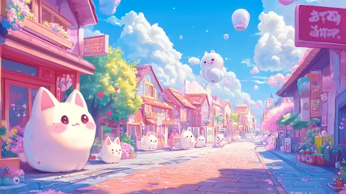 Giant pastel cat balloons float above a sunny kawaii street