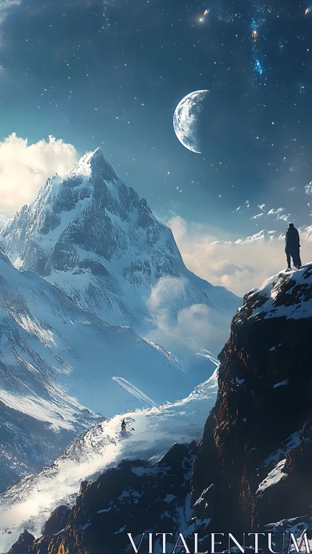 Solitary figure overlooks snowy peaks under distant moon