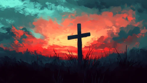 Silhouetted wooden cross against dramatic red teal sunset sky