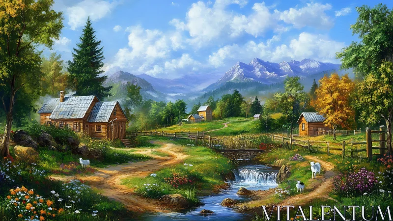 Sunny mountain valley cottages beside a playful winding stream.