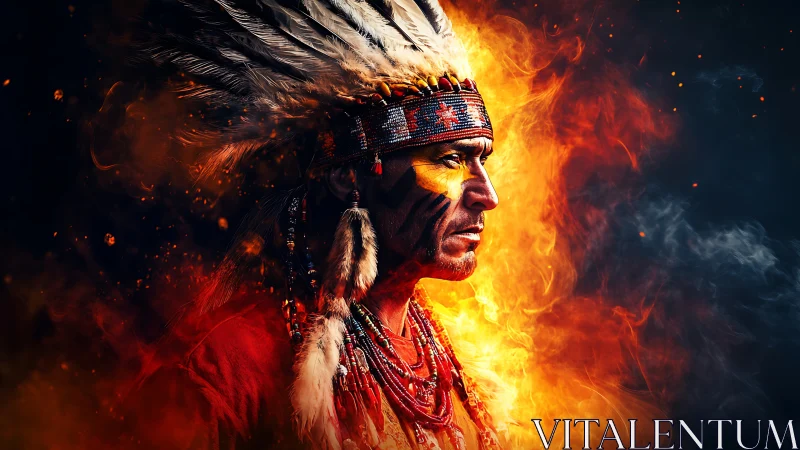 Profile portrait contrasts war-painted chief with dynamic flames