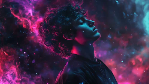 Side-lit profile portrait merges neon bicolor rim light and cosmic fog