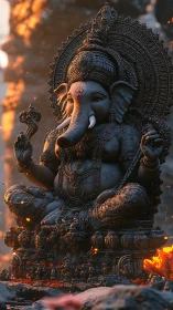 Detailed Ganesha statue in warm dramatic lighting scene.