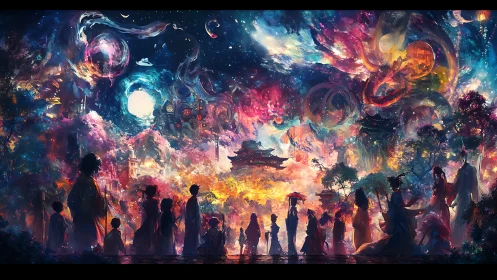 Midnight festival caravans drift beneath cascading nebulae