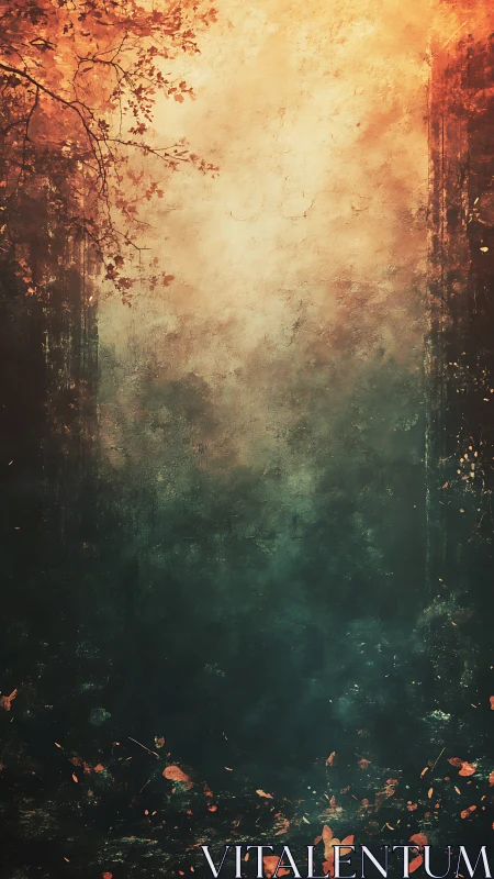 Layered forest landscape with chromatic gradation from warm to cool tones.