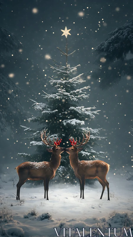Snowy Christmas forest scene with two reindeer kissing.