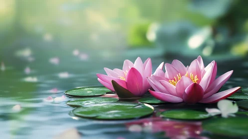 Gentle pink water lilies rest quietly on a tranquil pond
